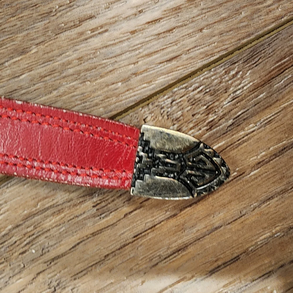 Nocona Red Leather Belt with Silver Aztec Southwestern Design Buckle size 26